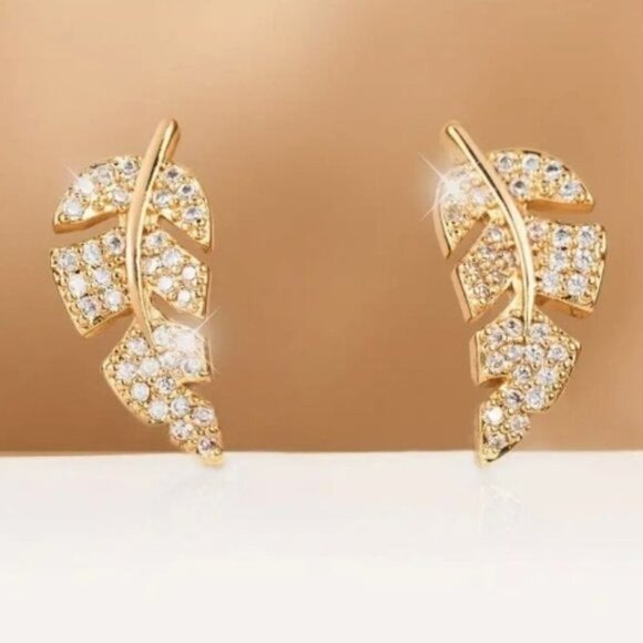 24k Gold Plated Diamond Leaf Earrings - Picture 3 of 7
